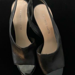 Women’s Franco Sarto Black Leather Wedge Peep Toe Slingback Sandals, Size 8.5